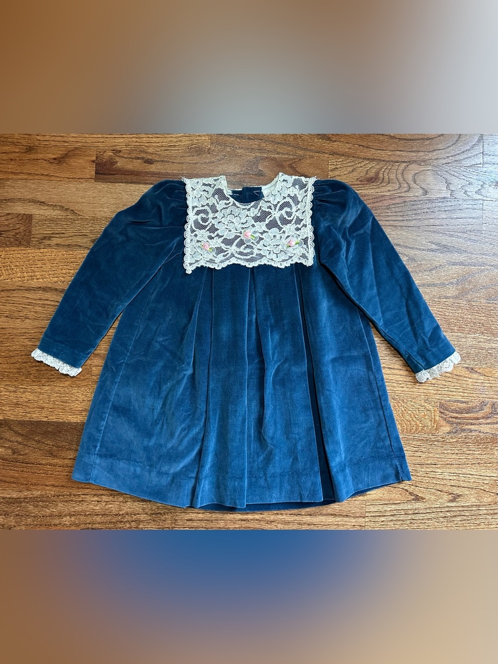 Vtg 90's Peaches n Cream Girls Blue Velvet Dress Lace Bib Collar Holiday Size 4